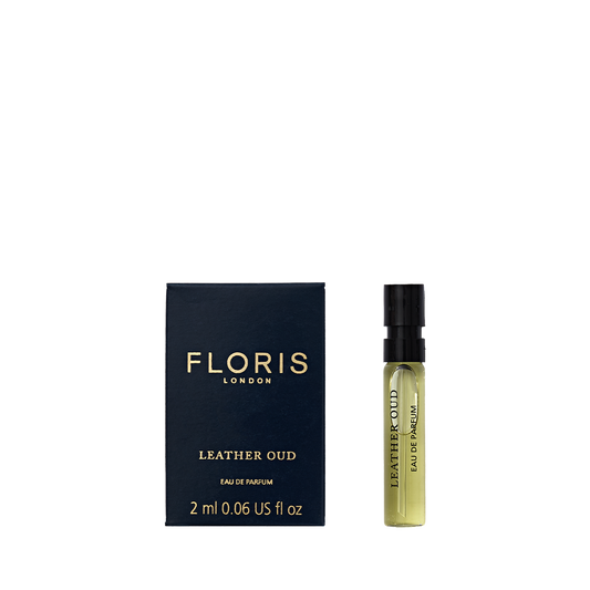 Floris London Leather Oud - Eau de Parfum sample, 2 ml spray vial, includes box.