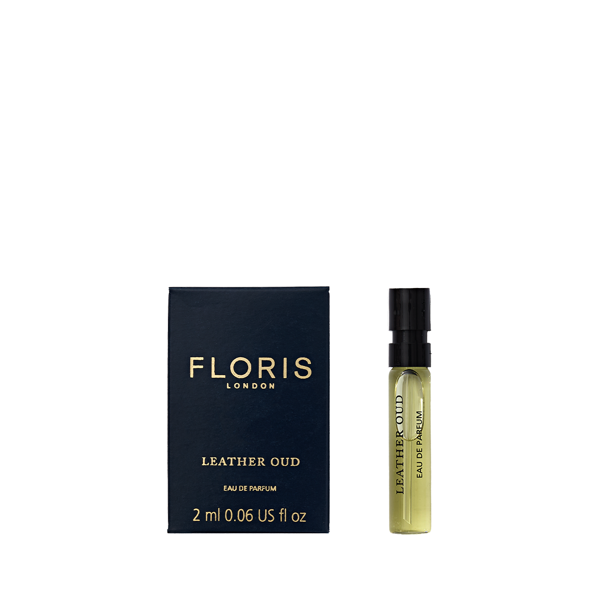 Experience Floris London Leather Oud - Eau de Parfum, 2ml vial with dark blue box—luxurious oud oil in a vegan-friendly formula.