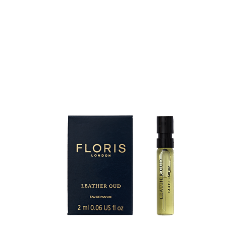 Experience Floris London Leather Oud - Eau de Parfum, 2ml vial with dark blue box—luxurious oud oil in a vegan-friendly formula.
