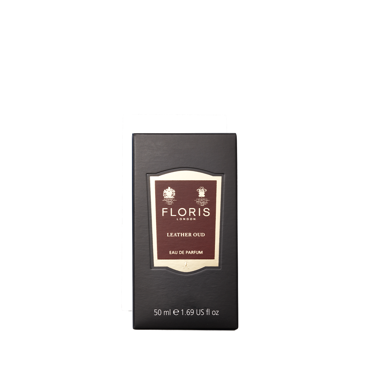 A black box of Floris London Leather Oud - Eau de Parfum (50 ml), showcasing rich oud oil notes, displayed against a white background.