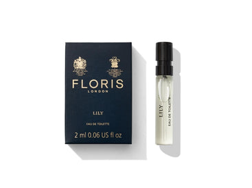 Floris London's Lily Eau de Toilette, 2 ml, blends Lily of the Valley and Egyptian jasmine, packaged in a black box with a clear spray bottle.