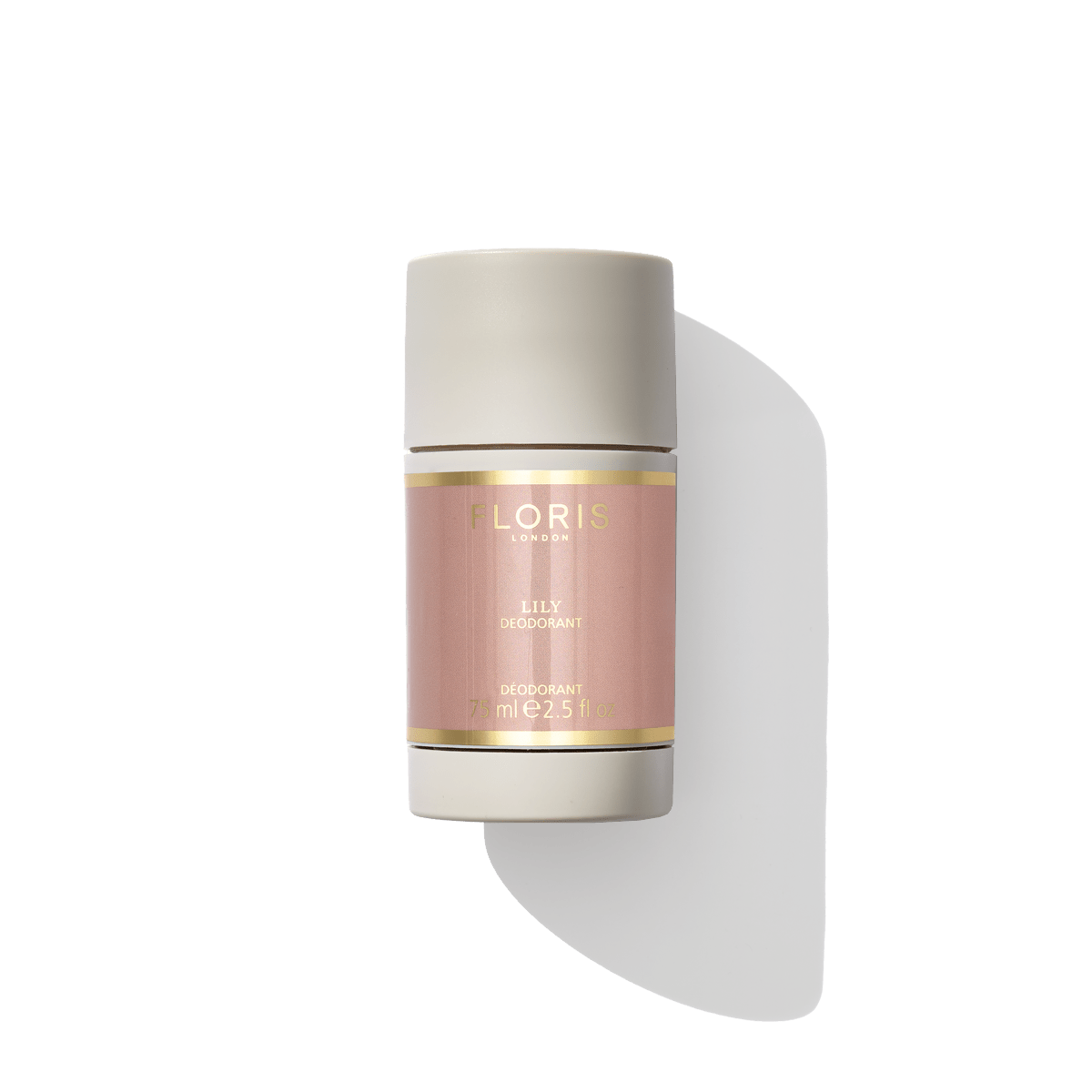 A cylindrical deodorant container with a light pink label reading "Floris London Lily - Deodorant Stick, 75ml, 2.5fl oz" on a white background. This antibacterial deodorant is particularly suitable for sensitive skin and is aluminium-free, ensuring gentle yet effective protection.