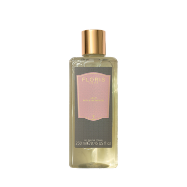 Floris London Lily - Moisturising Bath & Shower Gel, 250ml, in a clear bottle with gold cap and pink label, features a fresh lily fragrance.