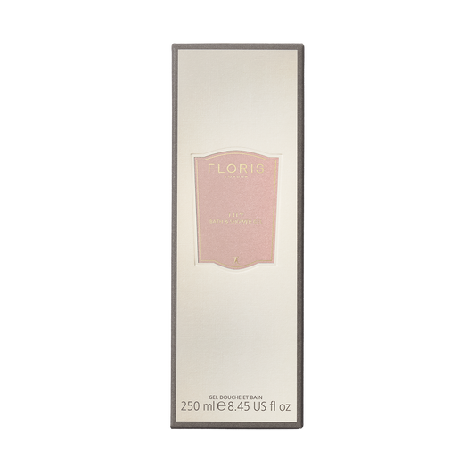 Floris London Lily Moisturising Bath & Shower Gel, 250ml, features a delicate lily scent for your daily ritual in a cream box with pink label.