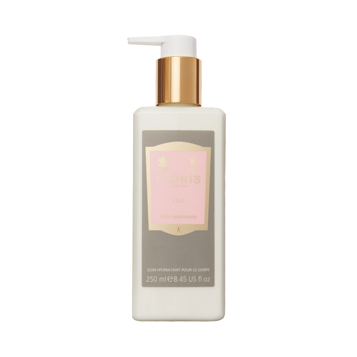 Floris London Lily - Enriched Body Moisturiser, 250ml, with a gold pump and pink label, features lily of the valley and a fresh floral scent.