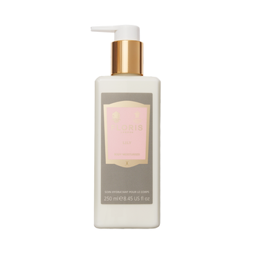 Floris London Lily - Enriched Body Moisturiser, 250ml, with a gold pump and pink label, features lily of the valley and a fresh floral scent.
