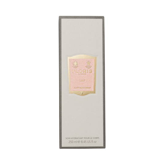 Beige and gold Floris London Lily - Enriched Body Moisturiser, 250ml box, featuring an elegant label and a fresh floral fragrance.