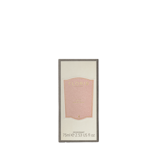 A 75ml stick of Floris London Lily Deodorant, aluminium-free with a pale pink and gold label. Ideal for sensitive skin.