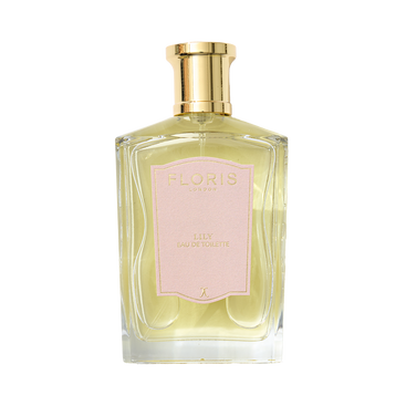 A Floris London Lily - Eau de Toilette bottle with a gold cap, pale pink label, and a delicate Lily of the Valley scent.