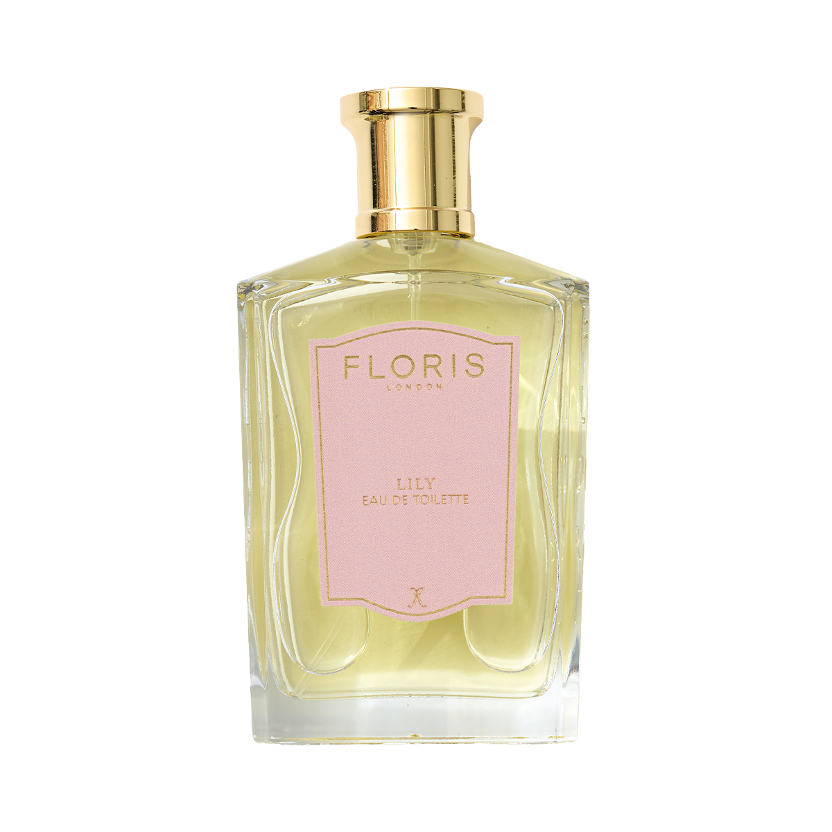 A bottle of Floris London Lily - Eau de Toilette with a gold cap and pink label, featuring a floral scent with white tea notes.
