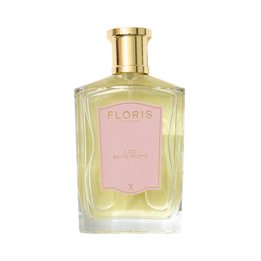 A bottle of Floris London Lily - Eau de Toilette with a gold cap and pink label, featuring a floral scent with white tea notes.