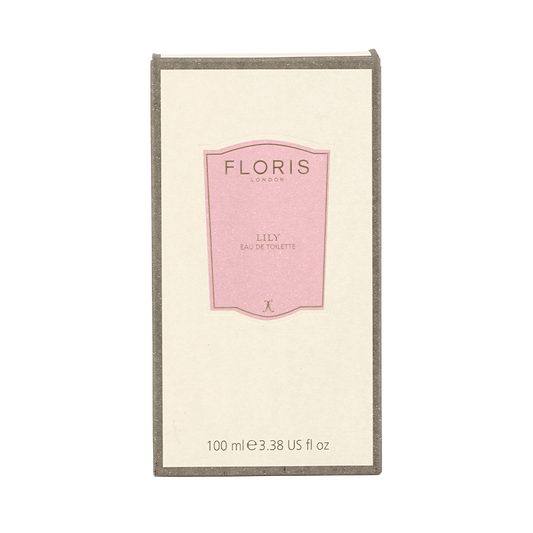 Floris London Lily - Eau de Toilette 100 ml features a floral Lily of the Valley scent with soft white tea notes, packaged in a box with a pink label.