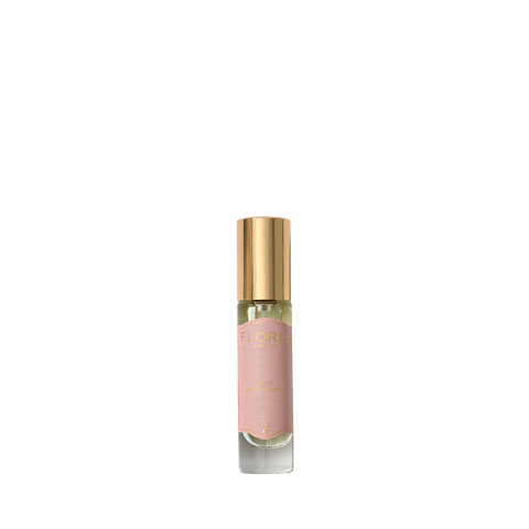 A small Floris London Lily - Eau de Toilette bottle with a pink label and gold cap, featuring a Lily of the Valley scent, on a plain white background.