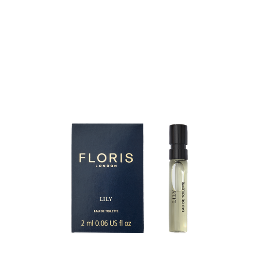 A 2ml Floris London Lily - Eau de Toilette sample in a blue box, with fresh lily of the valley and delicate white tea floral notes.