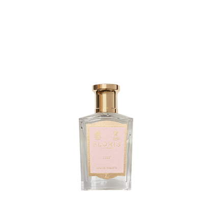 Floris London Lily - Eau de Toilette features a gold cap, pale pink label, and a floral scent highlighted by notes of Lily of the Valley.