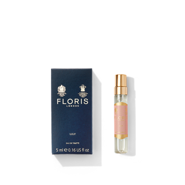 Box and bottle of Floris London UK Lily Eau de Toilette, 5 ml size, adorned with gold accents and a touch of Jasmine.