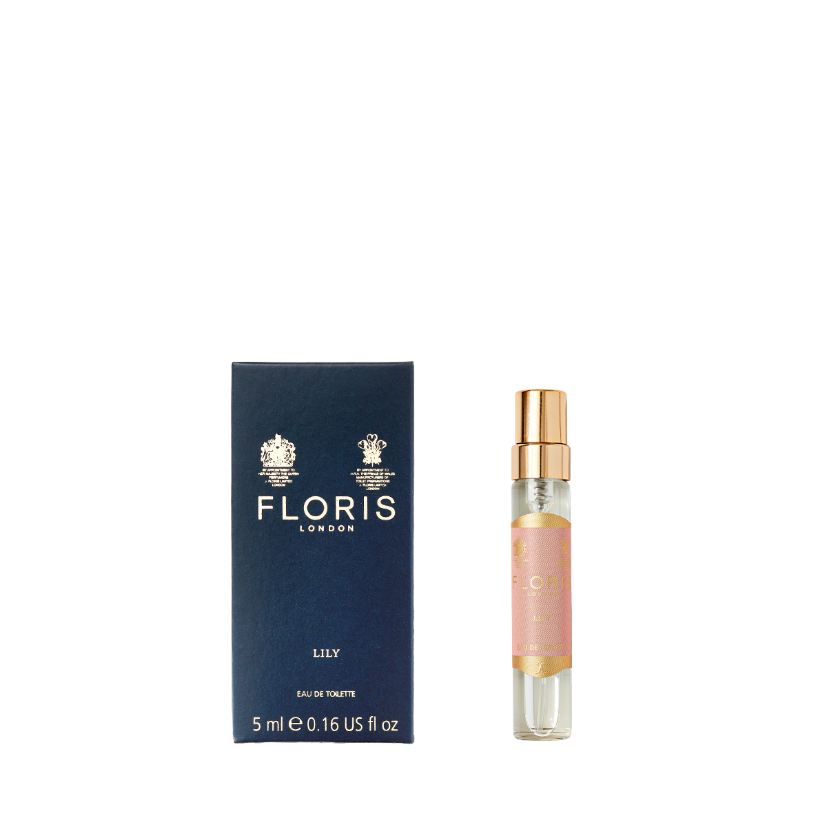 Floris London UK Lily Eau de Toilette 5ml features a delicate floral scent in a sleek spray bottle with pink label and gold cap—ideal for fragrance lovers.
