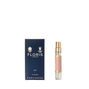 Floris London UK Lily Eau de Toilette 5ml features a delicate floral scent in a sleek spray bottle with pink label and gold cap—ideal for fragrance lovers.