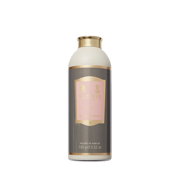 Floris London Lily - Fragrance Powder, 100g, features a gold cap, pink label, and a soothing lily scent.