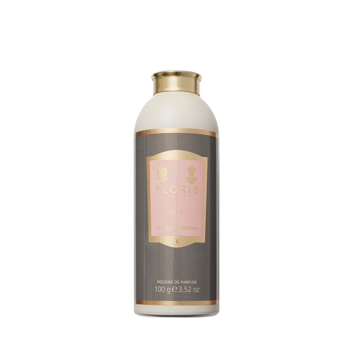 Floris London Lily - Fragrance Powder, 100g, features a gold cap, pink label, and a soothing lily scent.