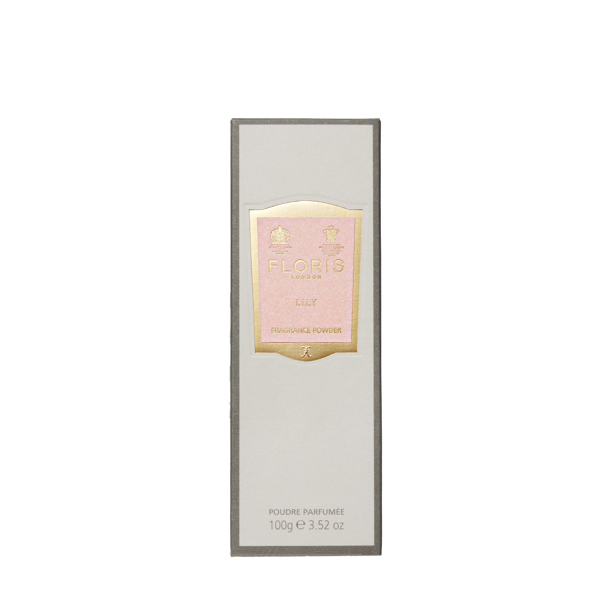 Floris London Lily - Fragrance Powder features a delicate lily scent and aloe vera, in a 100g rectangular white and gold box.