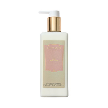 Floris London Lily Luxury Hand Lotion, 250ml, with gold pump and pink-gold label, leaves hands soft and delicately scented with an uplifting aroma.