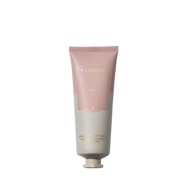 A pink and beige tube of Floris London Lily - Hand Treatment Cream with a floral scent, displayed against a white background.