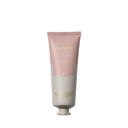 Pink and beige tube of Floris London Lily Hand Treatment Cream 75ml on a white background.