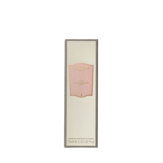 A 75ml beige rectangular box with a pink label for Floris London Lily - Hand Treatment Cream, featuring an uplifting, delicate floral scent.