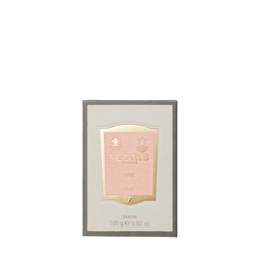 Floris London Lily - Luxury Soap, 100g: a gentle vegetable-based bar with a pink and gold label for a luxurious cleansing experience.