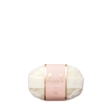 A wrapped Floris London Lily - Luxury Soap bar, with a pink and gold label and nourishing vegetable base, shown on a white background.