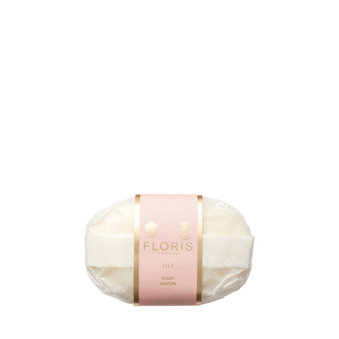 A wrapped Floris London Lily - Luxury Soap bar, with a pink and gold label and nourishing vegetable base, shown on a white background.