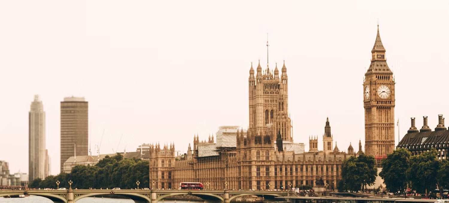 A bright image of London with Big Ben and other buildings