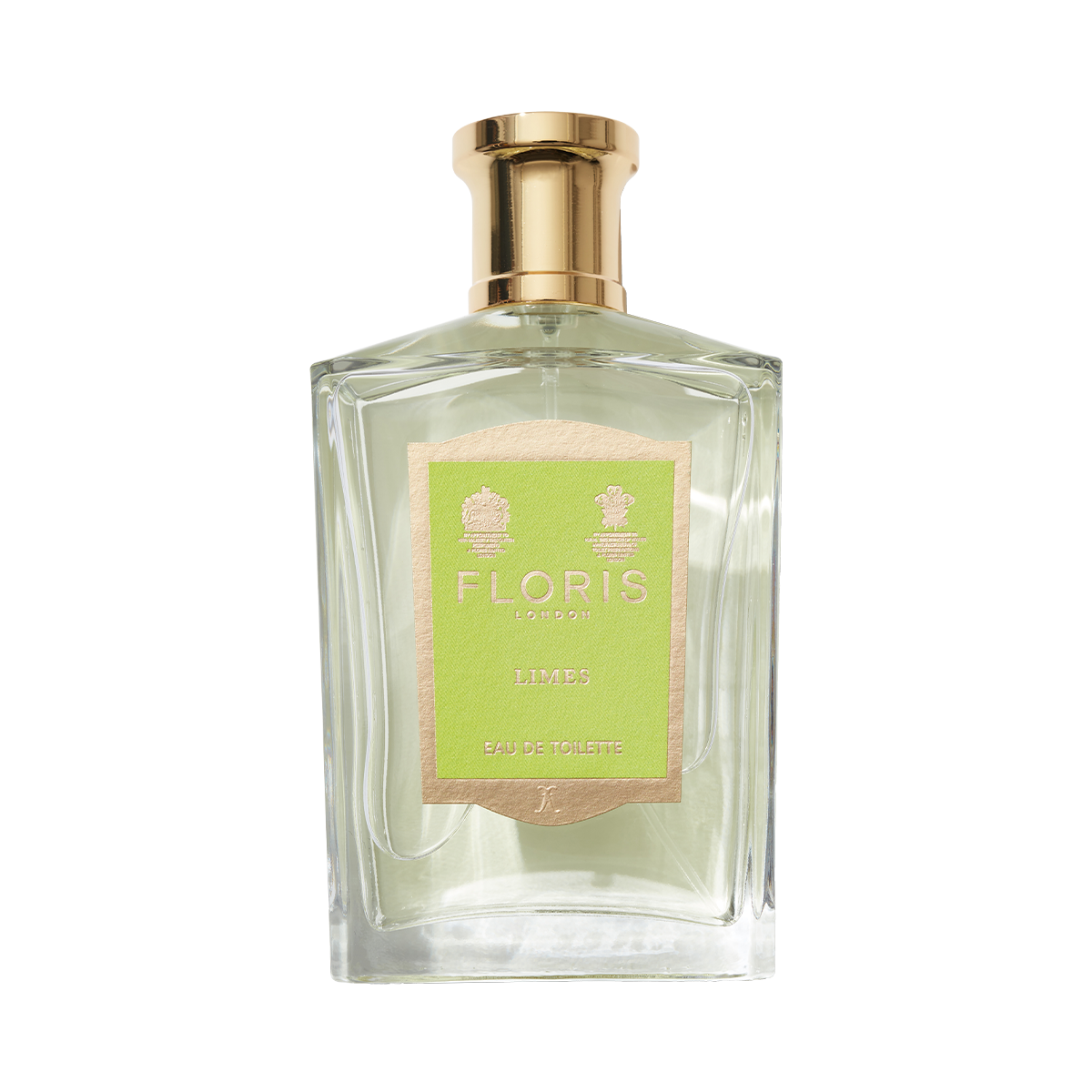 Clear glass bottle of Floris London Limes - Eau de Toilette, a refreshing citrus scent, with a gold cap and green label.