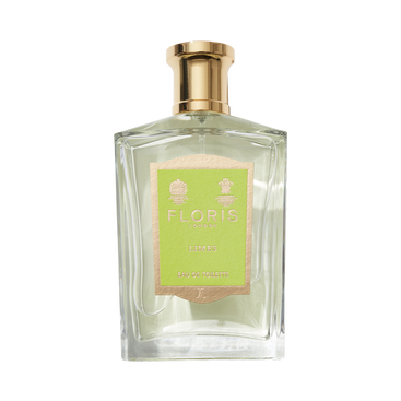 Clear glass bottle of Floris London Limes - Eau de Toilette, a refreshing citrus scent, with a gold cap and green label.