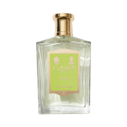 Clear glass bottle of Floris London Limes - Eau de Toilette, a refreshing citrus scent, with a gold cap and green label.