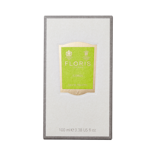 Box of Floris London Limes – Eau de Toilette, 100 ml, with green and gold label—an invigorating citrus scent set against a white background.