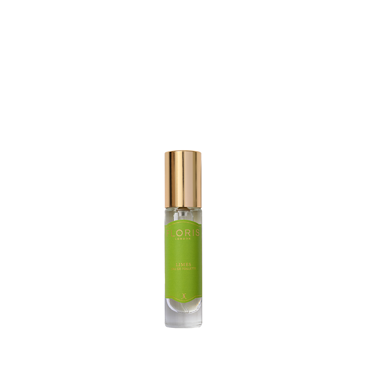 Floris London Limes Eau de Toilette is a small perfume bottle with a gold cap and green label, ideal for lovers of fresh citrus fragrances.