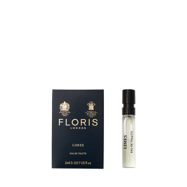 Floris London Limes - Eau de Toilette sample is a citrus scent in a 2ml spray vial with black and gold packaging. Vegan-friendly.