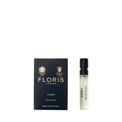 Floris London Limes - Eau de Toilette sample is a citrus scent in a 2ml spray vial with black and gold packaging. Vegan-friendly.