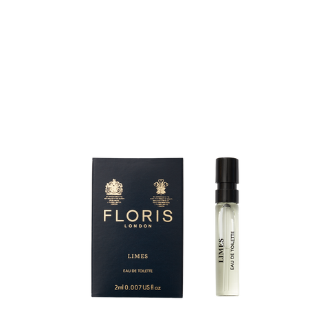 Floris London Limes - Eau de Toilette sample is a citrus scent in a 2ml spray vial with black and gold packaging. Vegan-friendly.