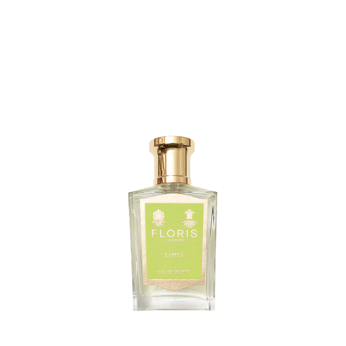 A bottle of Floris London Limes Eau de Toilette, a citrus scent with a gold cap and green label, displayed on a white background.