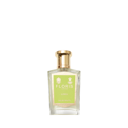 A bottle of Floris London Limes Eau de Toilette, a citrus scent with a gold cap and green label, displayed on a white background.