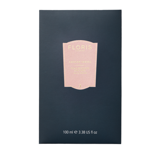 Dark blue Malmaison Encore by Floris London, 100ml, Ledger Series box with gold label; floral oriental scent with cedarwood, musk & patchouli notes.