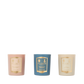 The Floris London Miniature Candle Collection features three scented candles in pink, blue, and cream holders, arranged side by side on white.