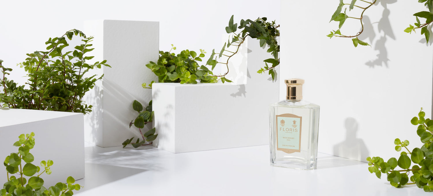 A bottle of Floris London Mulberry Fig with a green leafy background