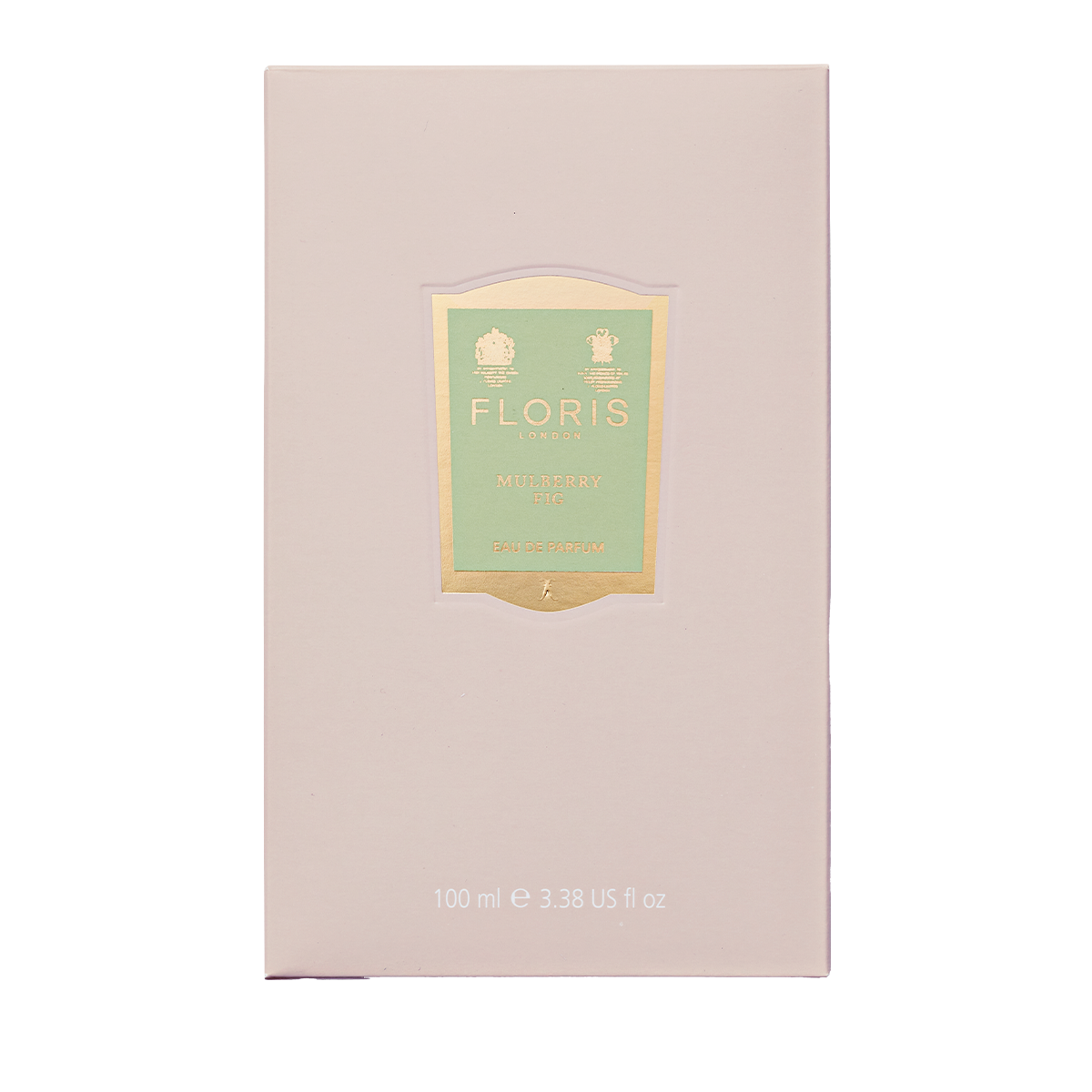 A pale pink 100ml Floris London Mulberry Fig Eau de Parfum box features a gold-green label and offers floral amber scent with elegant woody notes.