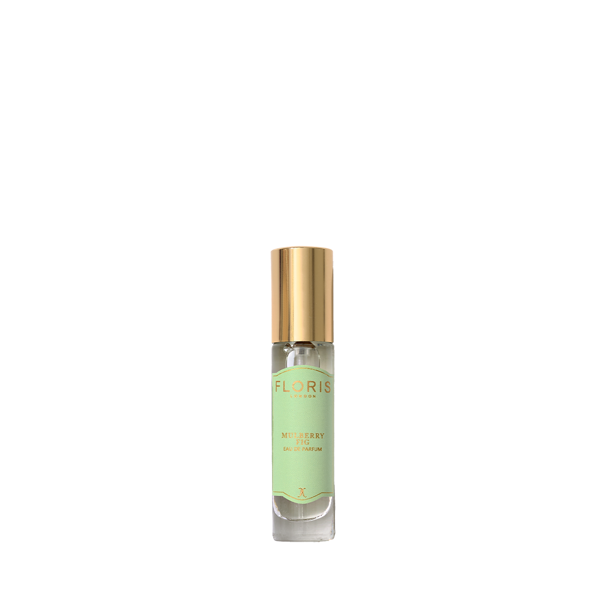 A small glass perfume bottle with a gold cap and a light green Floris London label, featuring Mulberry Fig - Eau de Parfum with a woody scent.