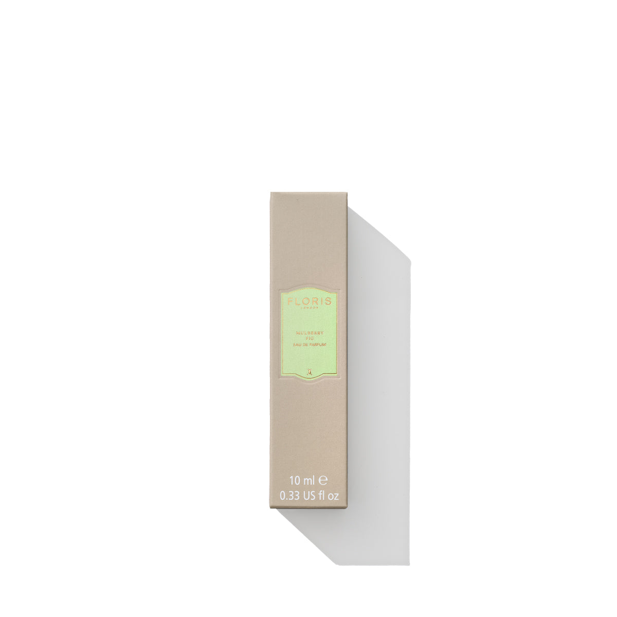 Beige rectangular perfume box with a light green tag labeled "Floris London," containing 10 ml (0.33 US fl oz) of Mulberry Fig - Eau de Parfum with a floral amber fragrance.