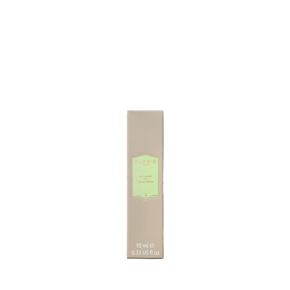 Beige rectangular Floris London Mulberry Fig - Eau de Parfum box, 10ml, with green label and white text; woody scent inspired by mulberry fig.